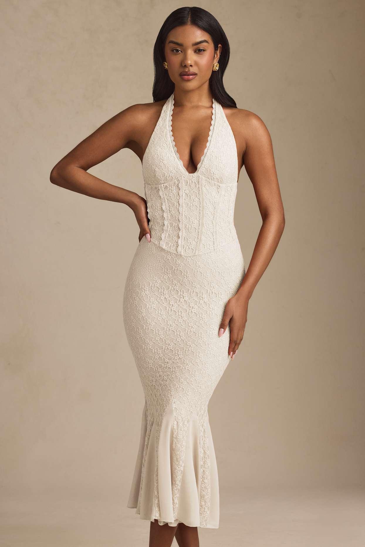 Halterneck Corset Lace Midaxi Dress in Ivory Product Image