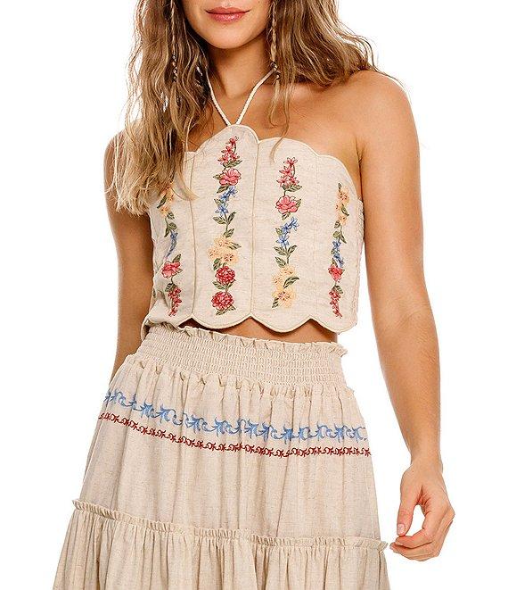 Agua Bendita Serenity Blush Floral Embroidered Halter Neck Scallop Crop Top Product Image