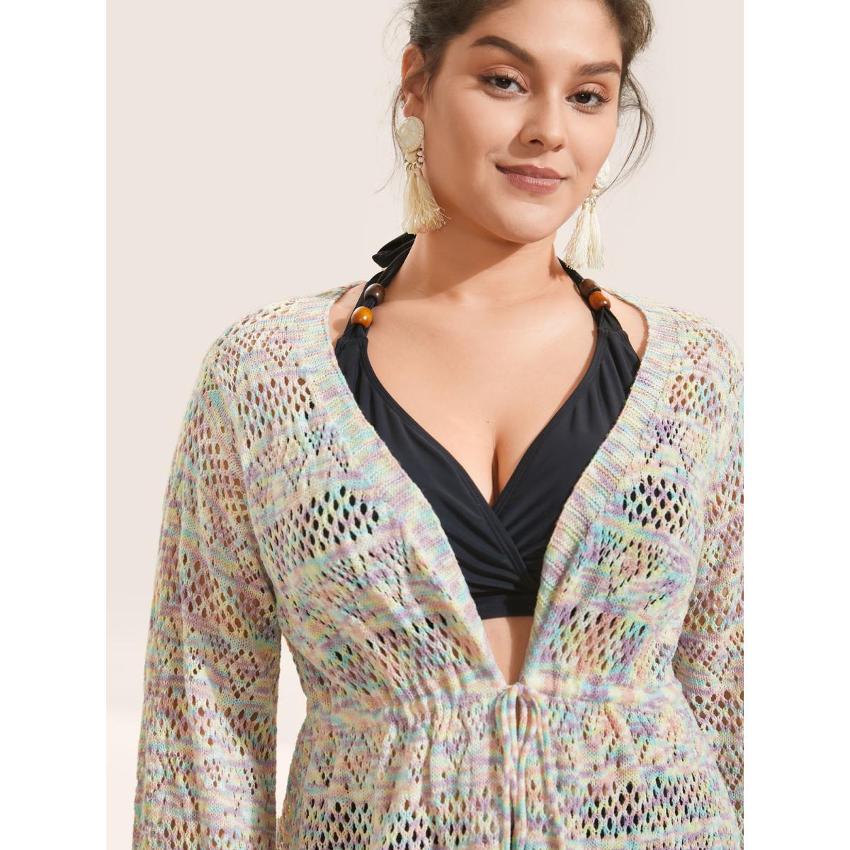 Plus Size Heather Cut Out Drawstring Tassel Trim Swim Cover Up Women's Swimwear Multicolor Beach Tie knot Curve Swim Cover Ups BloomChic 14-16/1X Product Image