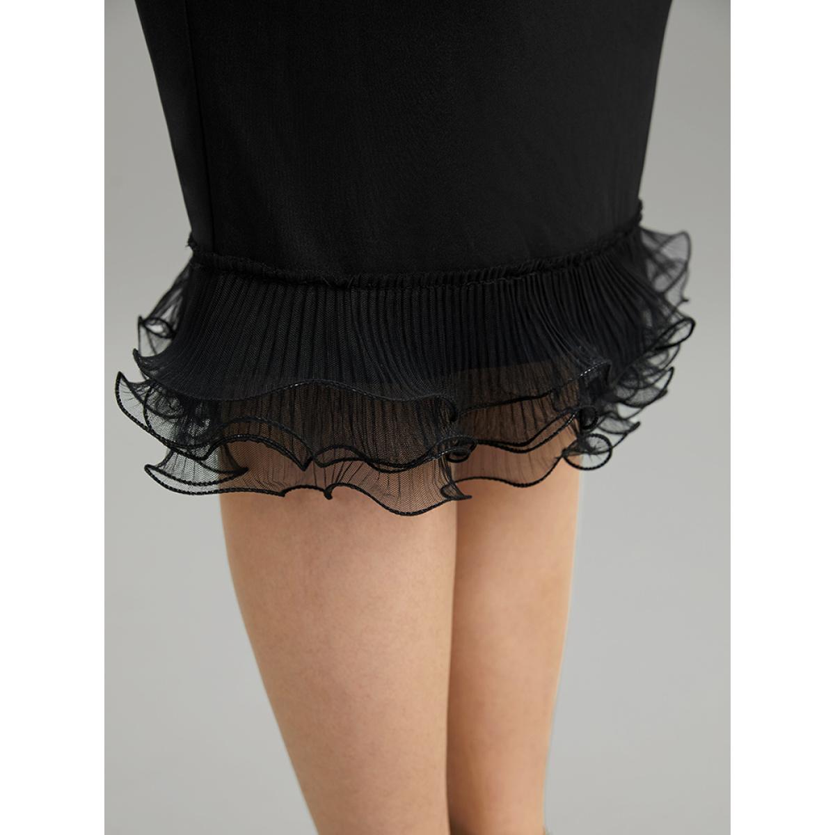 Plus Size Guipure Lace Ruffles Split Hem Bodycon Skirt Women Black Glamour Plain Bodycon Medium stretch Festival-Christmas Skirts BloomChic 10/M Product Image