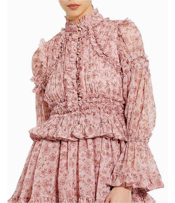 Mac Duggal Floral Print Chiffon Mock Neck Long Flare Sleeve Button Front Ruffle Tiered Mini Dress Product Image