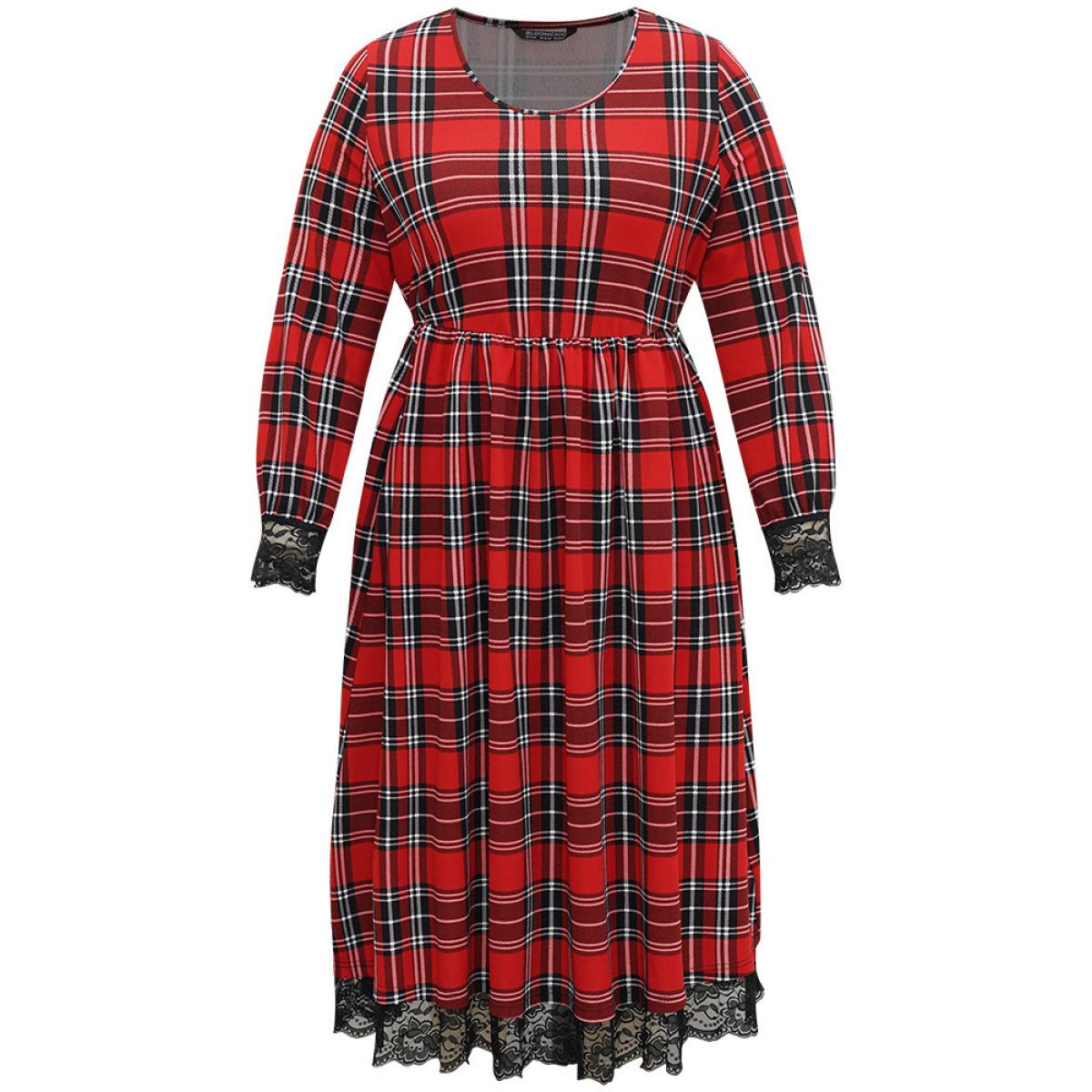 Plus Size Plaid Guipure Lace Elastic Waist Gathered Dress Raspberry Women Casual Printed Round Neck Long Sleeve Curvy Midi Dress BloomChic 14-16/1X Product Image