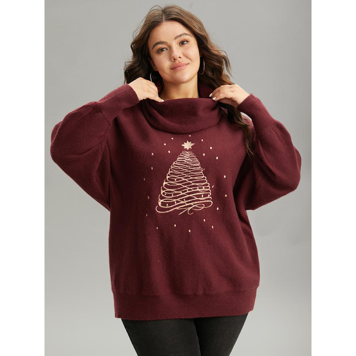 Plus Size Anti-Pilling Christmas Embroidered Turtle Neck Pullover Burgundy Women Casual Loose Long Sleeve Turtleneck Festival-Christmas Pullovers BloomChic 18-20/2X Product Image
