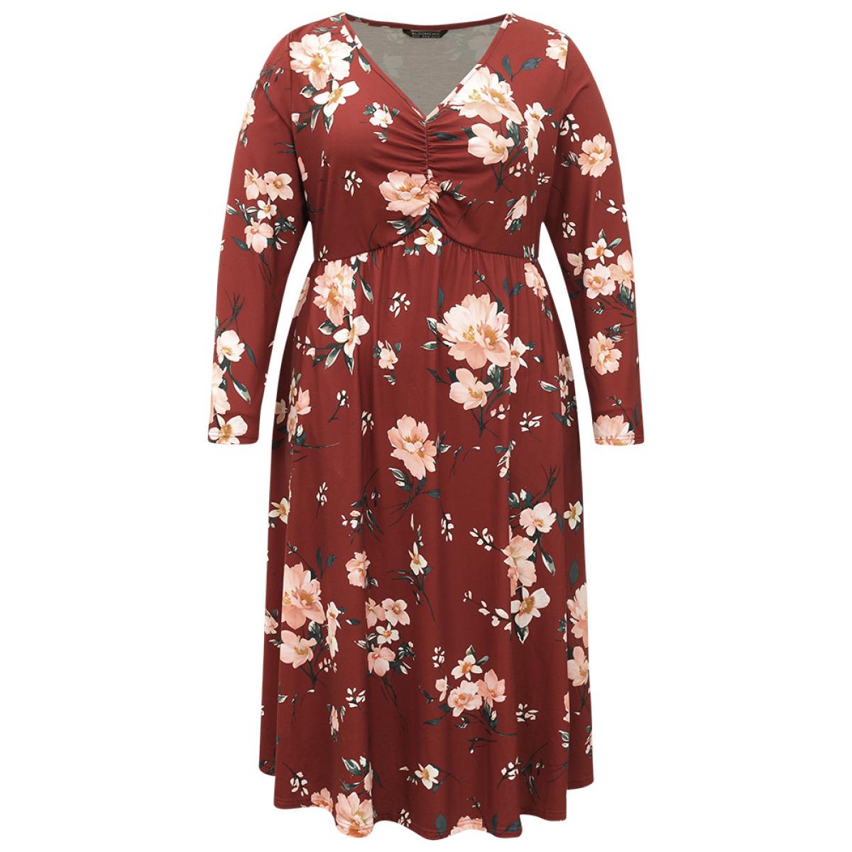 Plus Size Floral Pocket Ruched Elastic Waist Dress Burgundy Women Casual Gathered V-neck Long Sleeve Curvy Midi Dress BloomChic 28/5X Product Image