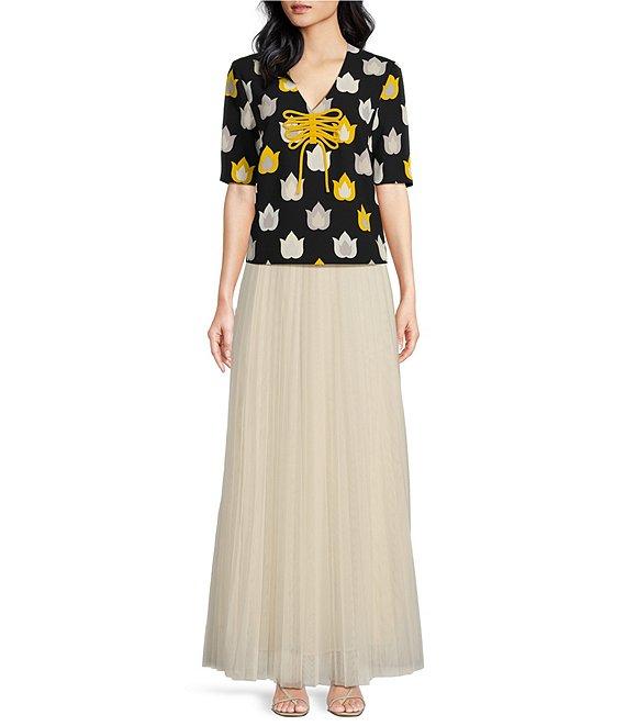 Tara Jarmon Thylane Woven V-Neck Short Sleeve Faux Lacing Detail Top Product Image