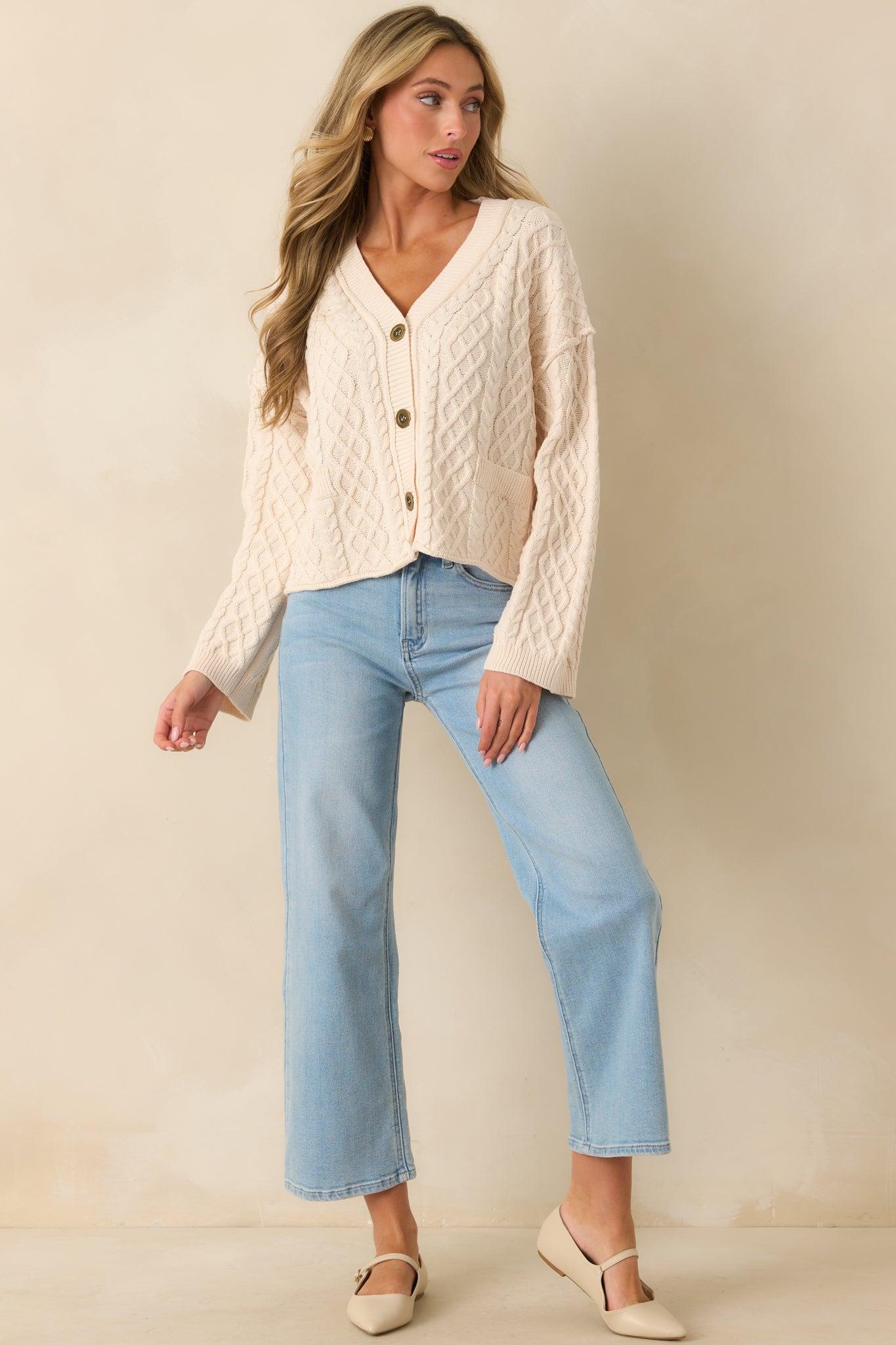 For Old Time’s Sake Ivory Cable Knit Button Up Cardigan Product Image