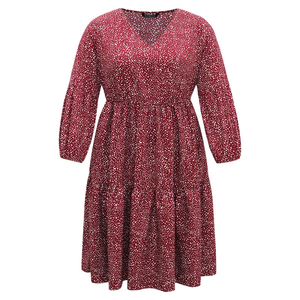 Plus Size Leopard Print Pocket Flutter Hem Dress Burgundy Women Casual Elastic cuffs V-neck Long Sleeve Curvy Midi Dress BloomChic 30/6X Product Image