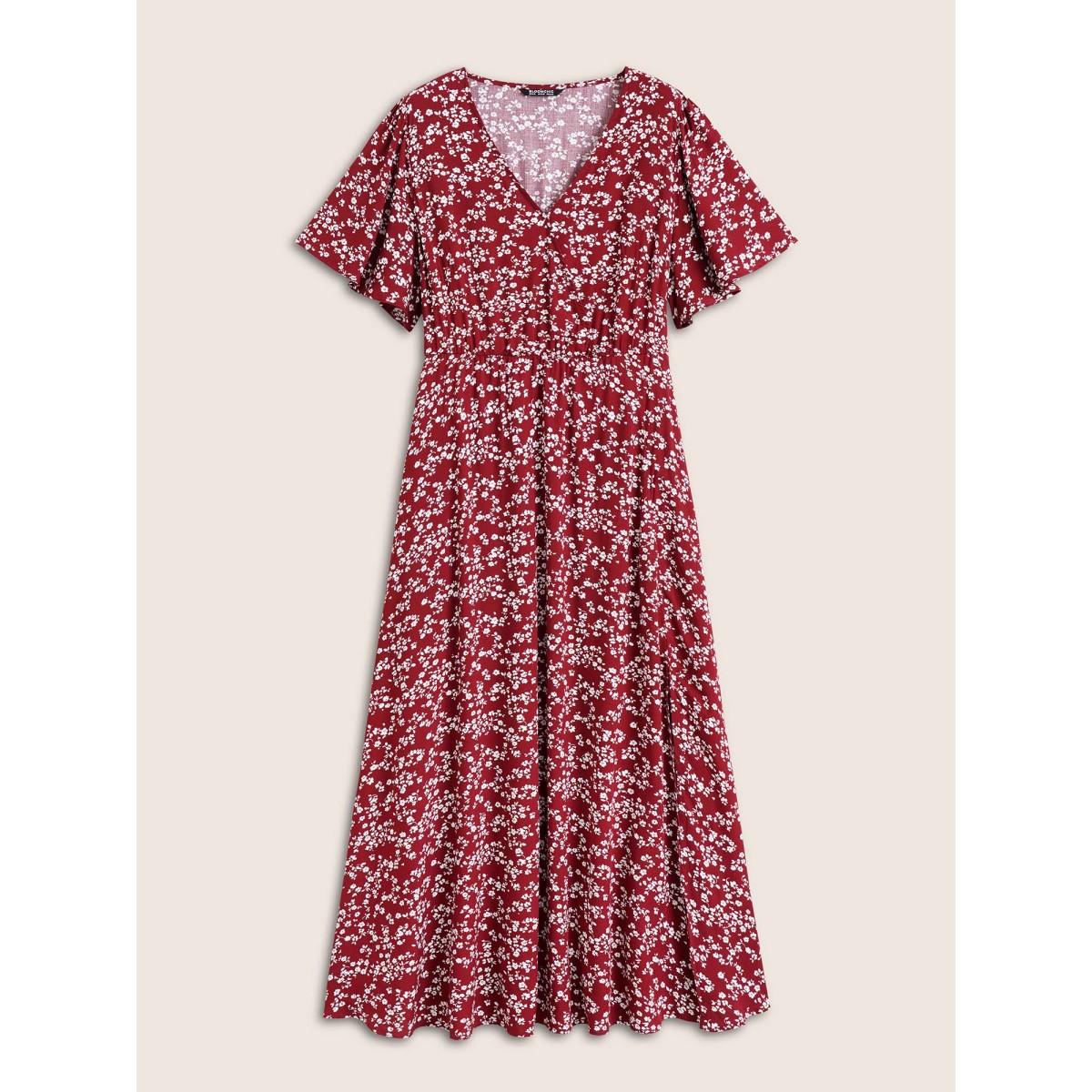 Plus Size Bloom Dress - Flutter Sleeve Ditsy Floral Pocket Split Maxi Dress LightGreen Women Romantic Slit V-neck Half Sleeve Curvy Long Dress BloomChic 10/M Product Image