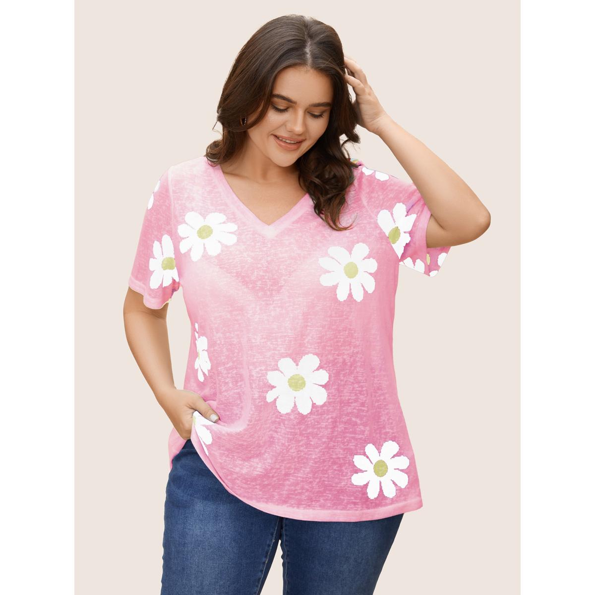 Plus Size Colored Floral V Neck See Through T-Shirt Blush Women Playful See through Art&design V-neck Casual T-shirts BloomChic 10/M Product Image