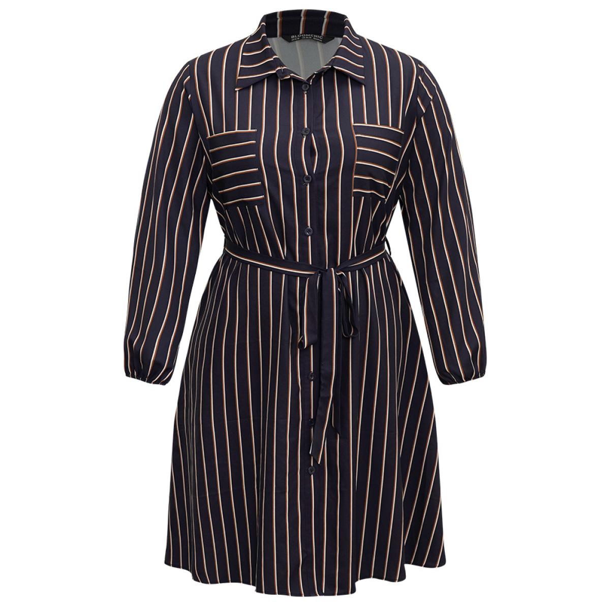 Plus Size Striped Belted Lantern Sleeve Button Through Dress Indigo Women At the Office Belted Shirt collar Long Sleeve Curvy Midi Dress BloomChic 18-20/2X Product Image