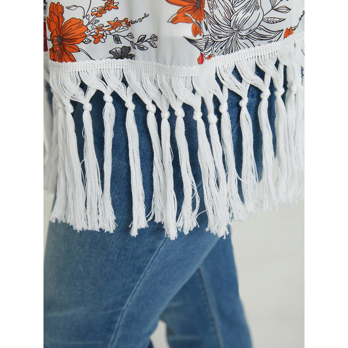Plus Size Floral Print Fringe Trim Tank Top Women White Vacation Dailywear Tank Tops Camis BloomChic 10/M Product Image