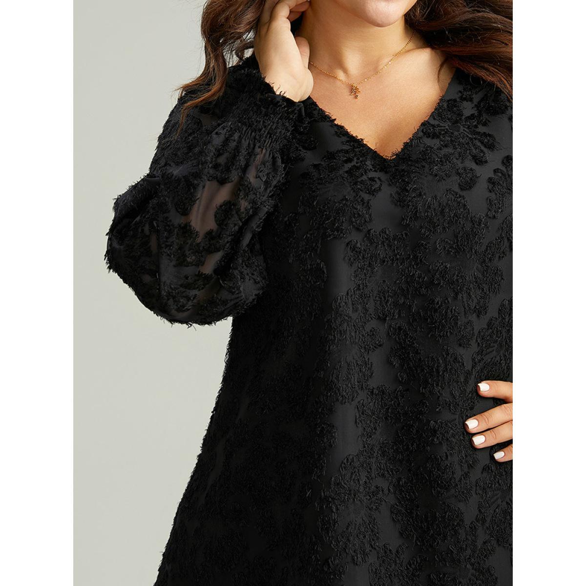 Plus Size Black Plain Appliques Mesh V Neck Shirred Blouse Women Party&Cocktail Long Sleeve V-neck Party Blouses BloomChic 12/L Product Image