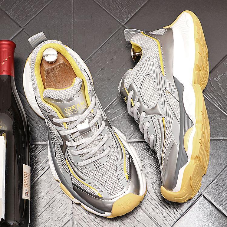 Hidden Wedge Mesh Panel Lace-Up Faux Leather Sneakers Product Image