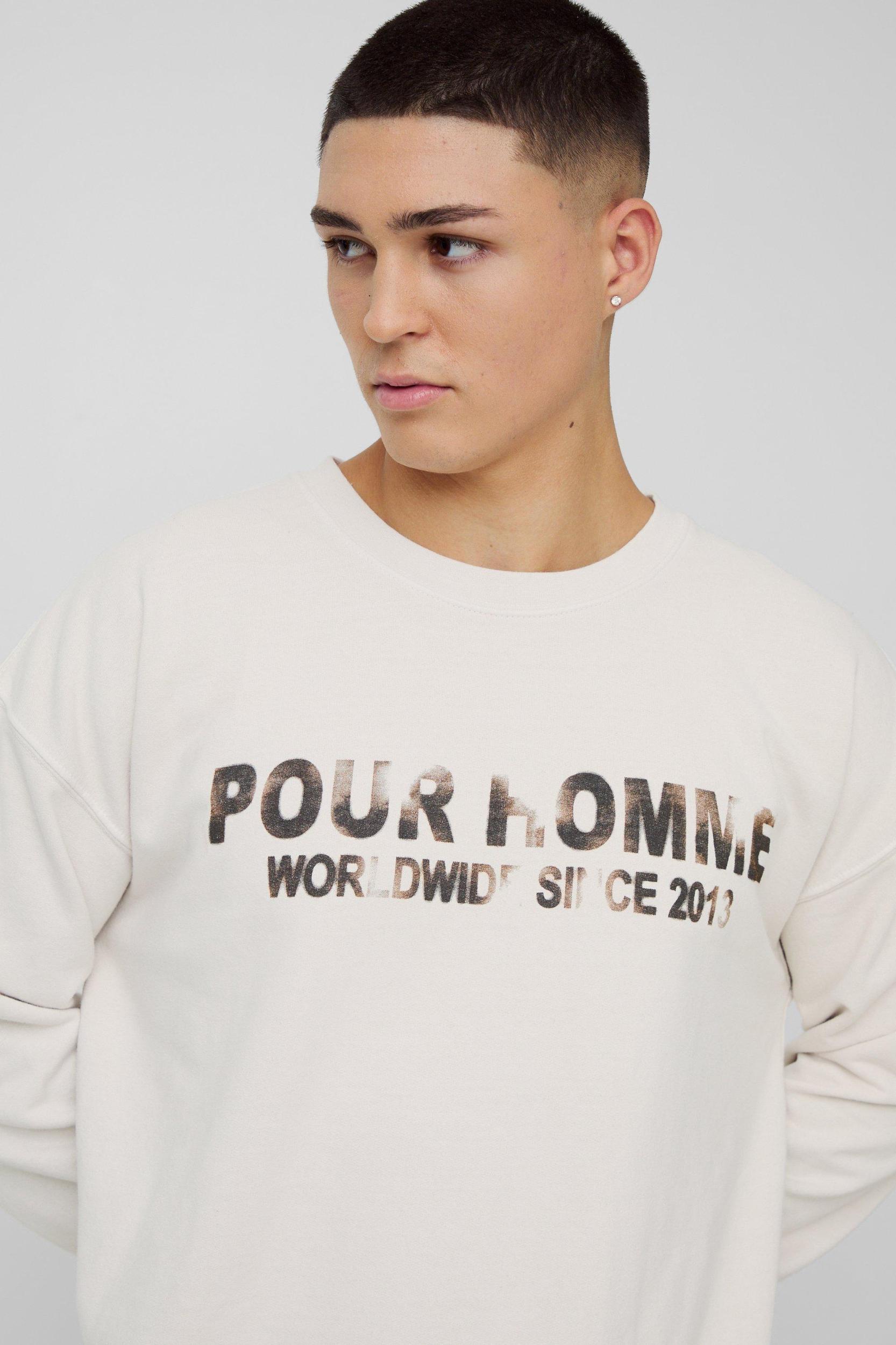 Oversized Pour Homme Vintage Slogan Print Sweatshirt | boohooMAN USA Product Image