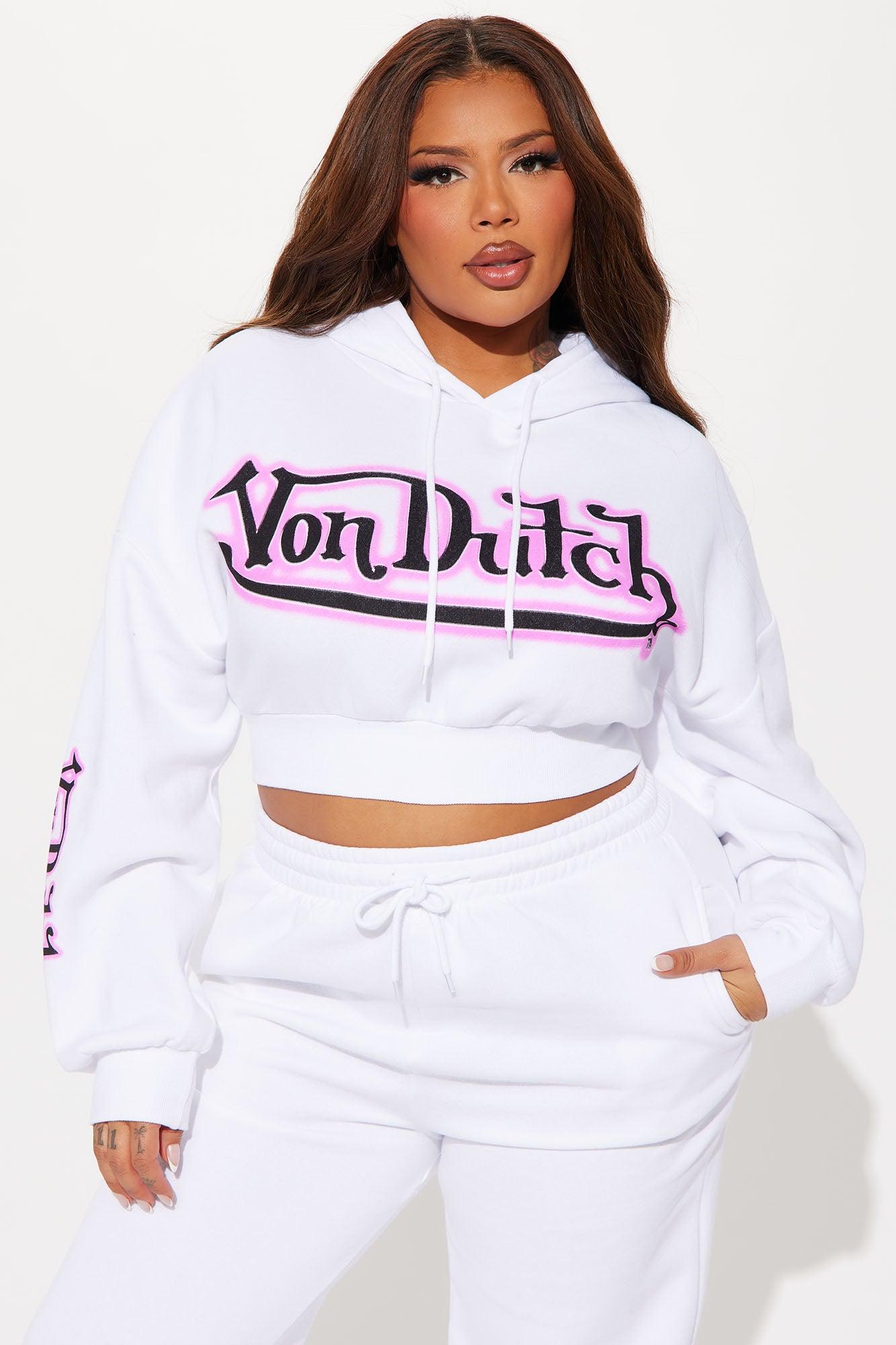 Von Dutch Graffiti Cropped Hoodie - White/Pink Product Image