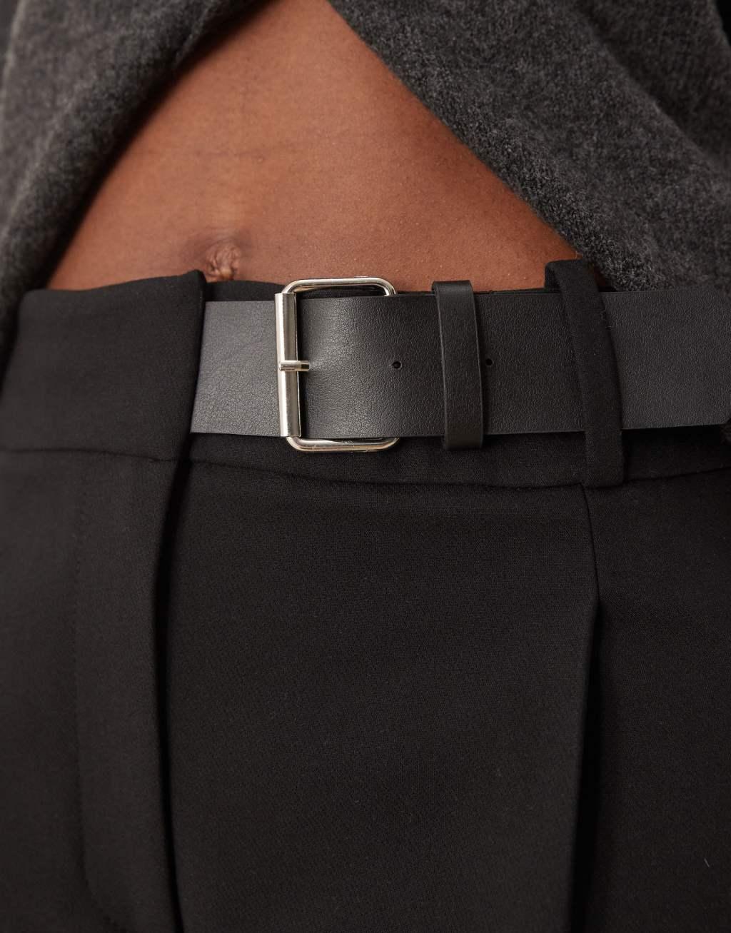 Mango buckle waist straight leg pants in black Product Image