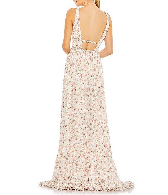 Mac Duggal Floral Print Sleeveless Ruffle Tiered High-Low Plunging V-Neck Gown Product Image
