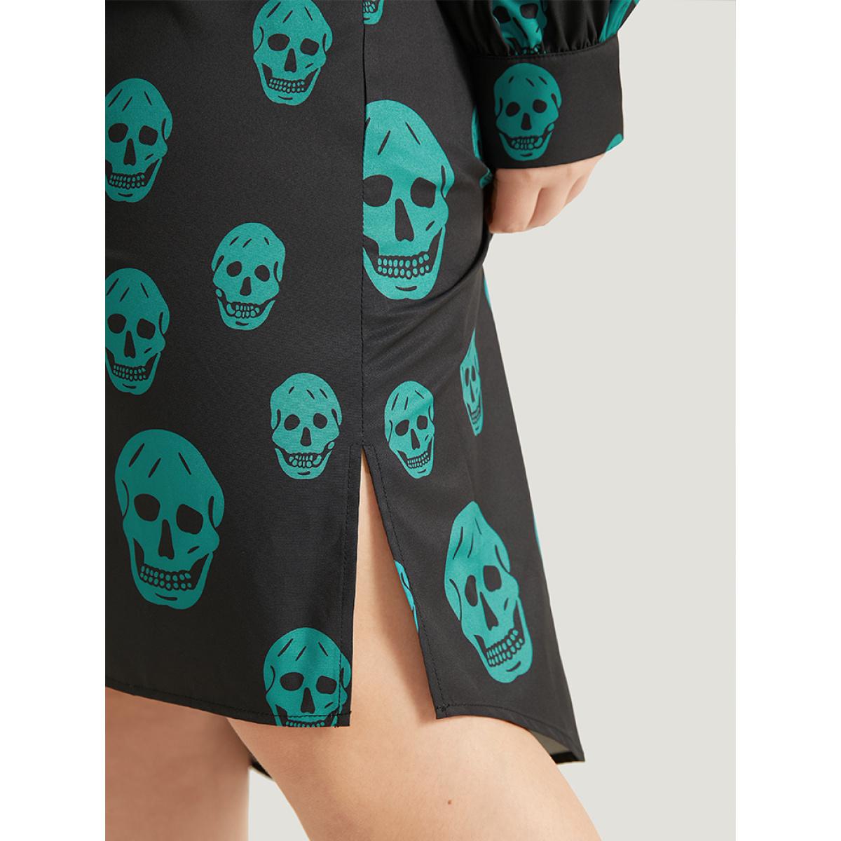 Plus Size Halloween Skull Print Shirt Collar Belted Split Hem Dress Black Women Office Belted Shirt collar Long Sleeve Curvy Knee Dress BloomChic 28/5X Product Image