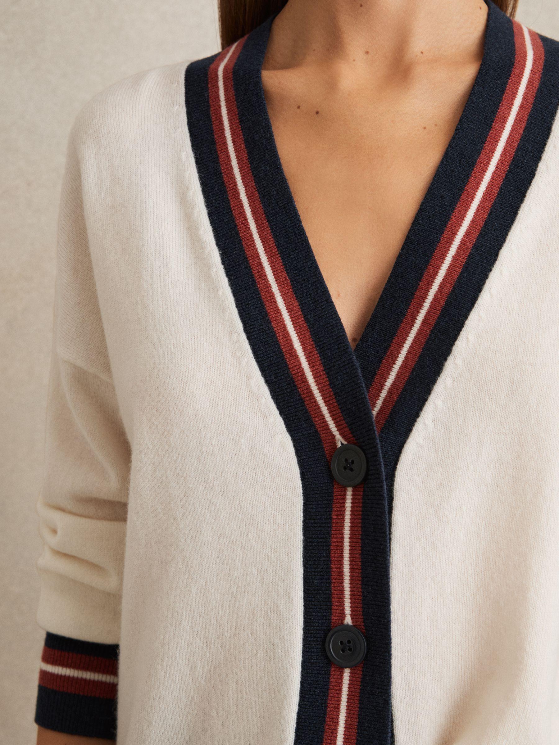 Wool-Cashmere Stripe-Trim Cardigan in White Product Image