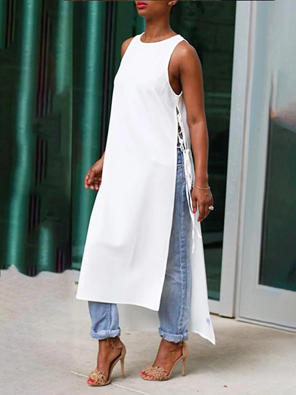 High-Low Loose Lace-Up Solid Color Split-Joint Split-Side Round-Neck Vest Top Product Image