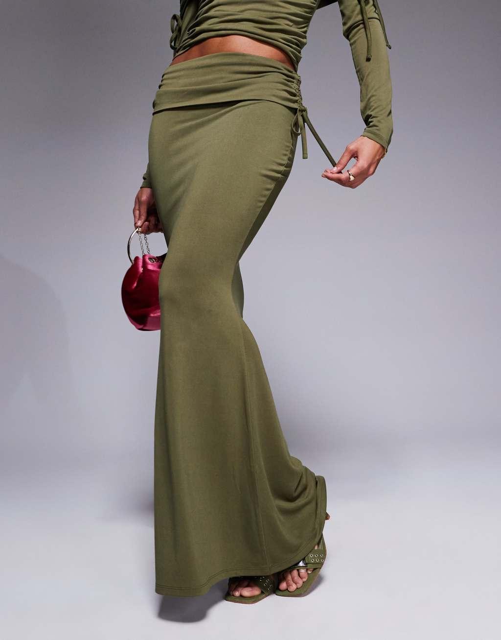 ASOS DESIGN premium modal fold over waist fishtail maxi skirt with side ruching in olive Product Image