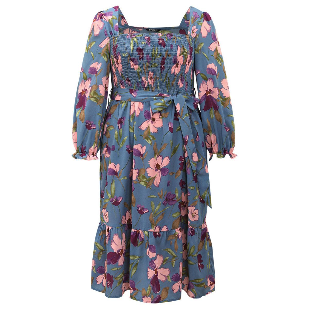 Plus Size Floral Print Puff Sleeve Belted Shirred Dress Stone Women Elegant Elastic cuffs Square Neck Long Sleeve Curvy Midi Dress BloomChic 22-24/3X Product Image