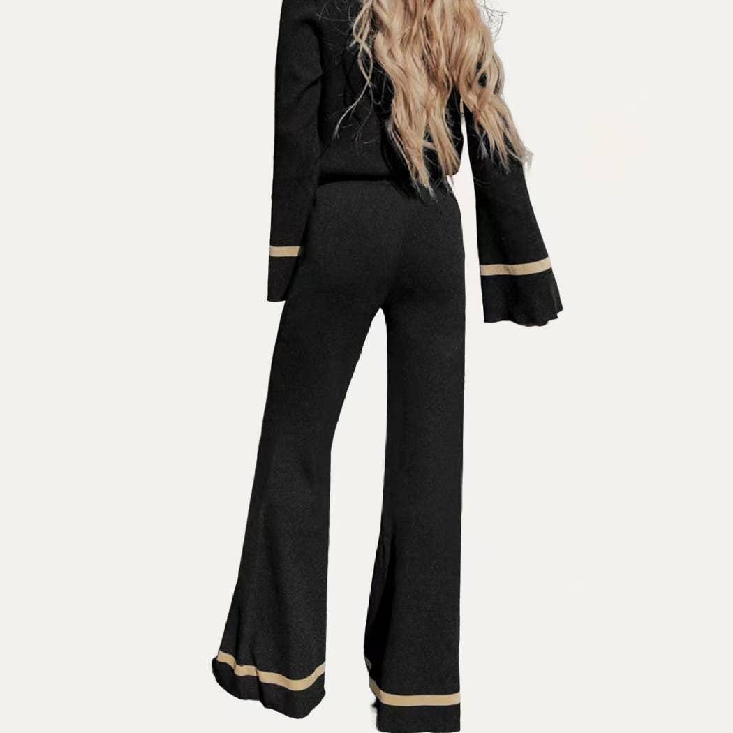 Chic Black Knit Top Wide-Leg Pants Two Piece Set Product Image
