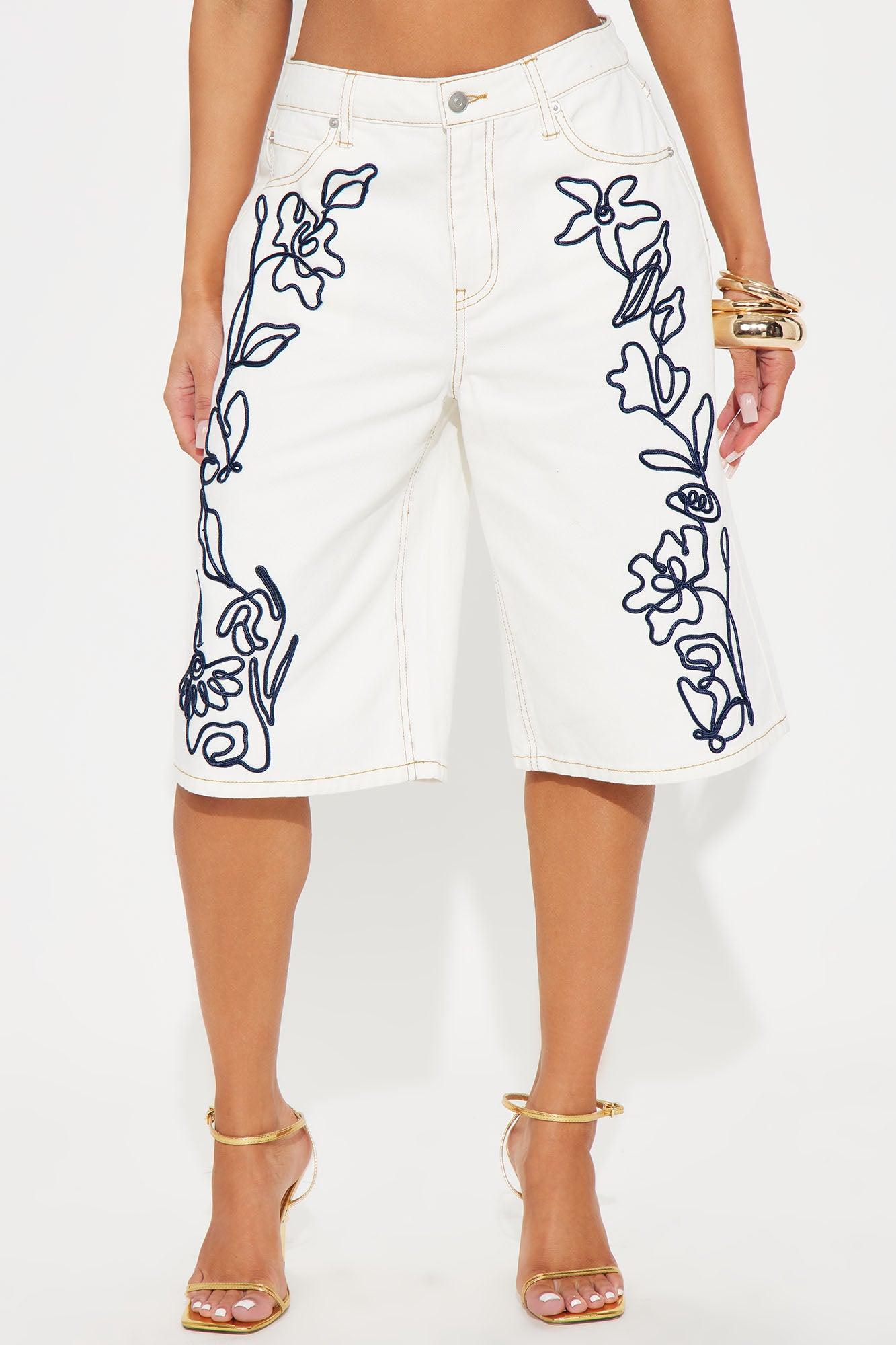 Ellanor Embroidered Non Stretch Denim Jorts - White Product Image