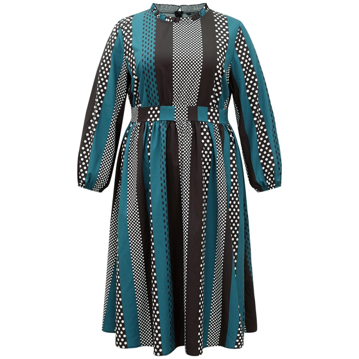 Plus Size Polka Dot Patchwork Striped Pleated Lantern Sleeve Dress Aegean Women At the Office Elastic cuffs Round Neck Long Sleeve Curvy Midi Dress BloomChic 26/4X Product Image