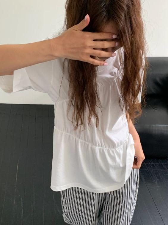Short Sleeve Plain Ruched Loose-Fit T-Shirt Product Image
