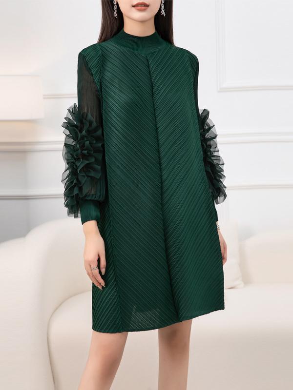 Long Sleeves Loose Embroidered Pleated Solid Color Round-Neck Midi Dresses Product Image