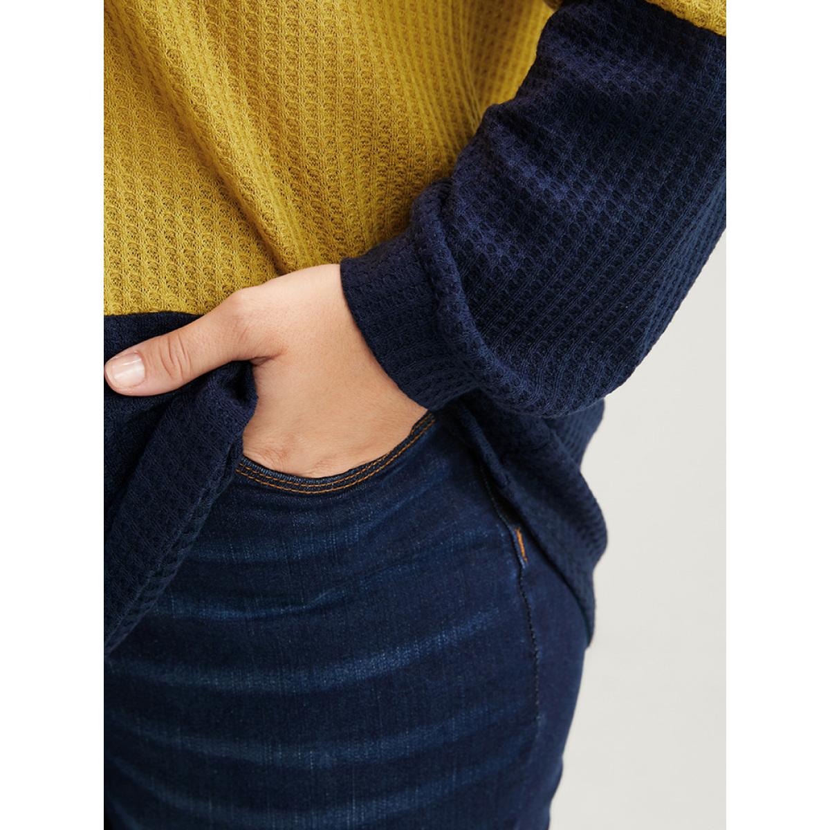 Plus Size Colorblock Contrast Button Detail Waffle Knit Sweatshirt Women Multicolor Casual Patchwork V-neck Dailywear Sweatshirts BloomChic 18-20/2X Product Image