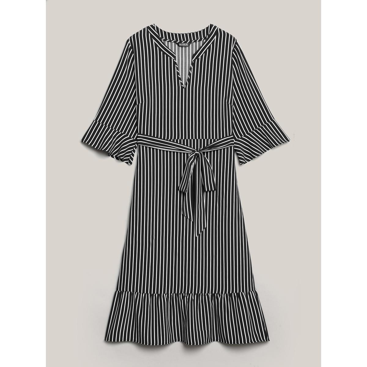 Plus Size Striped Belted Notched Collar Midi Dress Black Women At the Office Belted Flat collar with V-notch Elbow-length sleeve Curvy BloomChic 28/5X Product Image