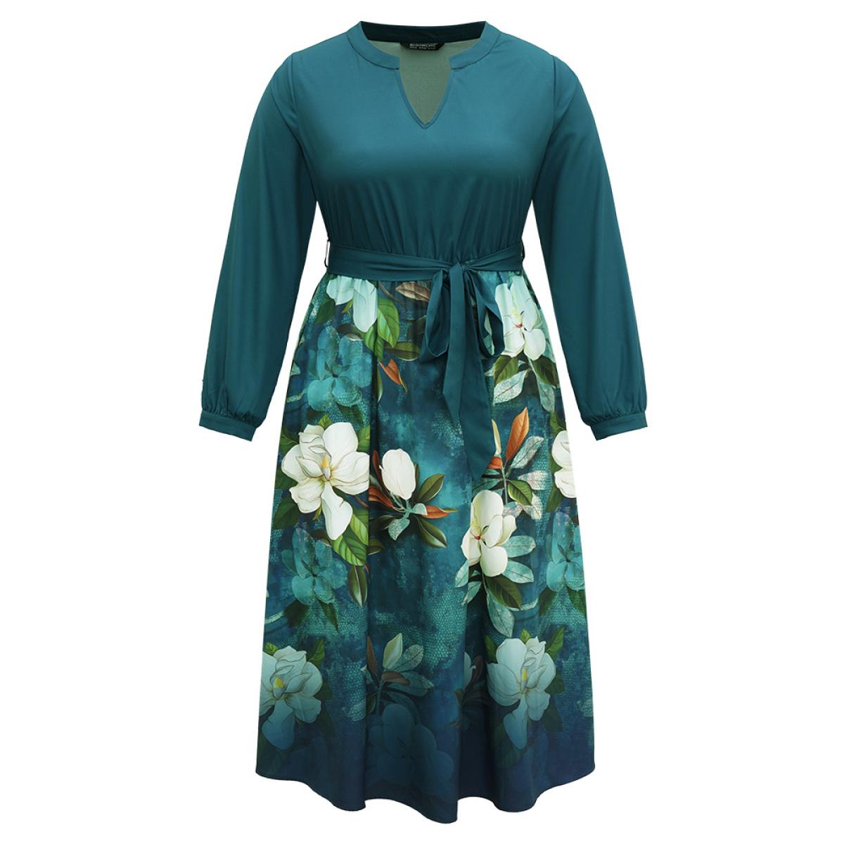 Plus Size Floral Print Patchwork Bleted Pocket Dress Cerulean Women Glamour Belted Notched collar Long Sleeve Curvy Midi Dress BloomChic 14-16/1X Product Image