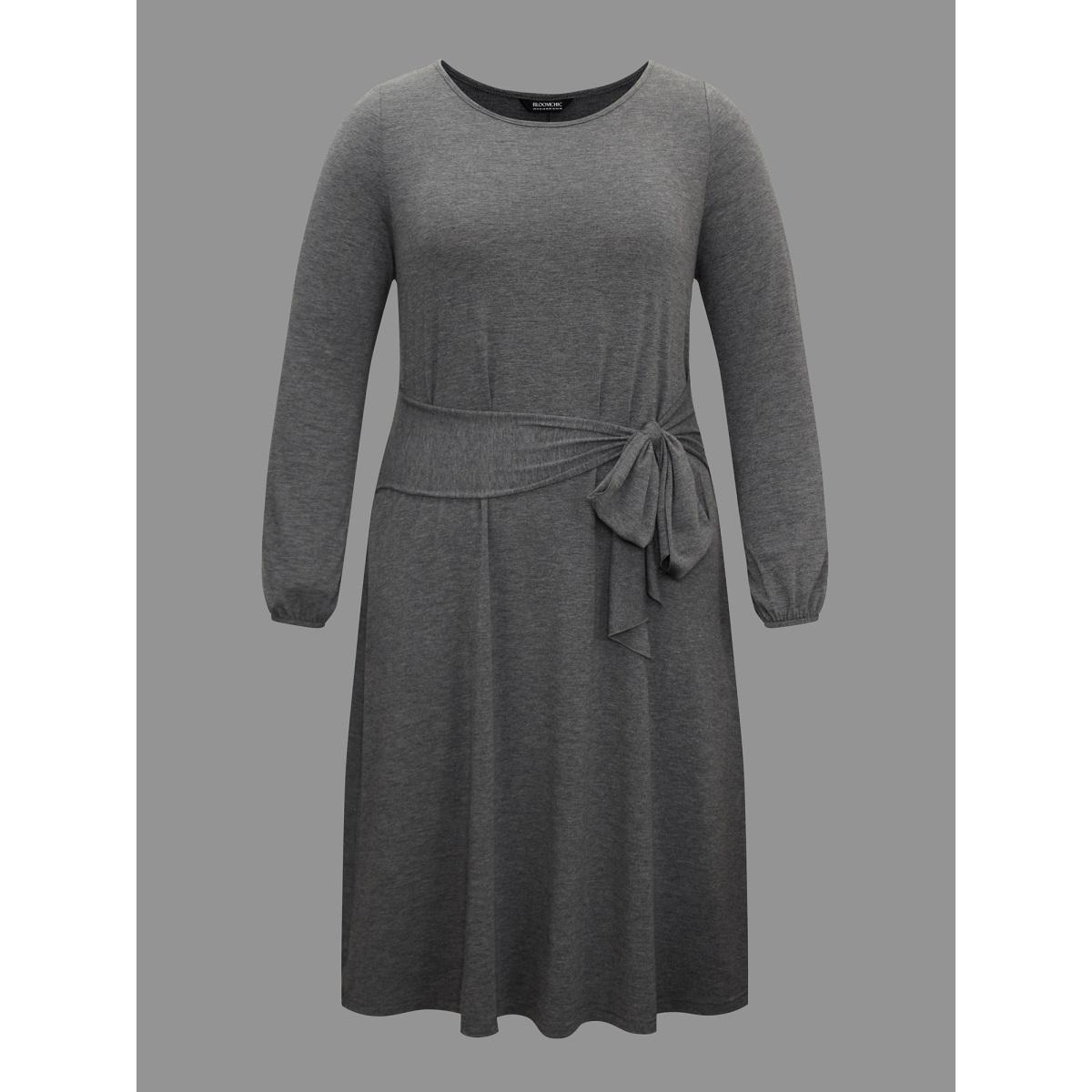 Plus Size Stretchy Waist-Tie Plain Knit Dress DimGray Women Casual Tie knot Knit Dresses Bloomchic 22-24/3X Product Image