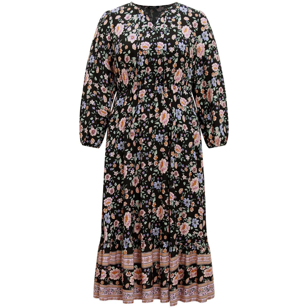 Plus Size Boho Print Lantern Sleeve Elastic Waist Dress Black Women Vacation Elastic cuffs V-neck Long Sleeve Curvy Midi Dress BloomChic 28/5X Product Image