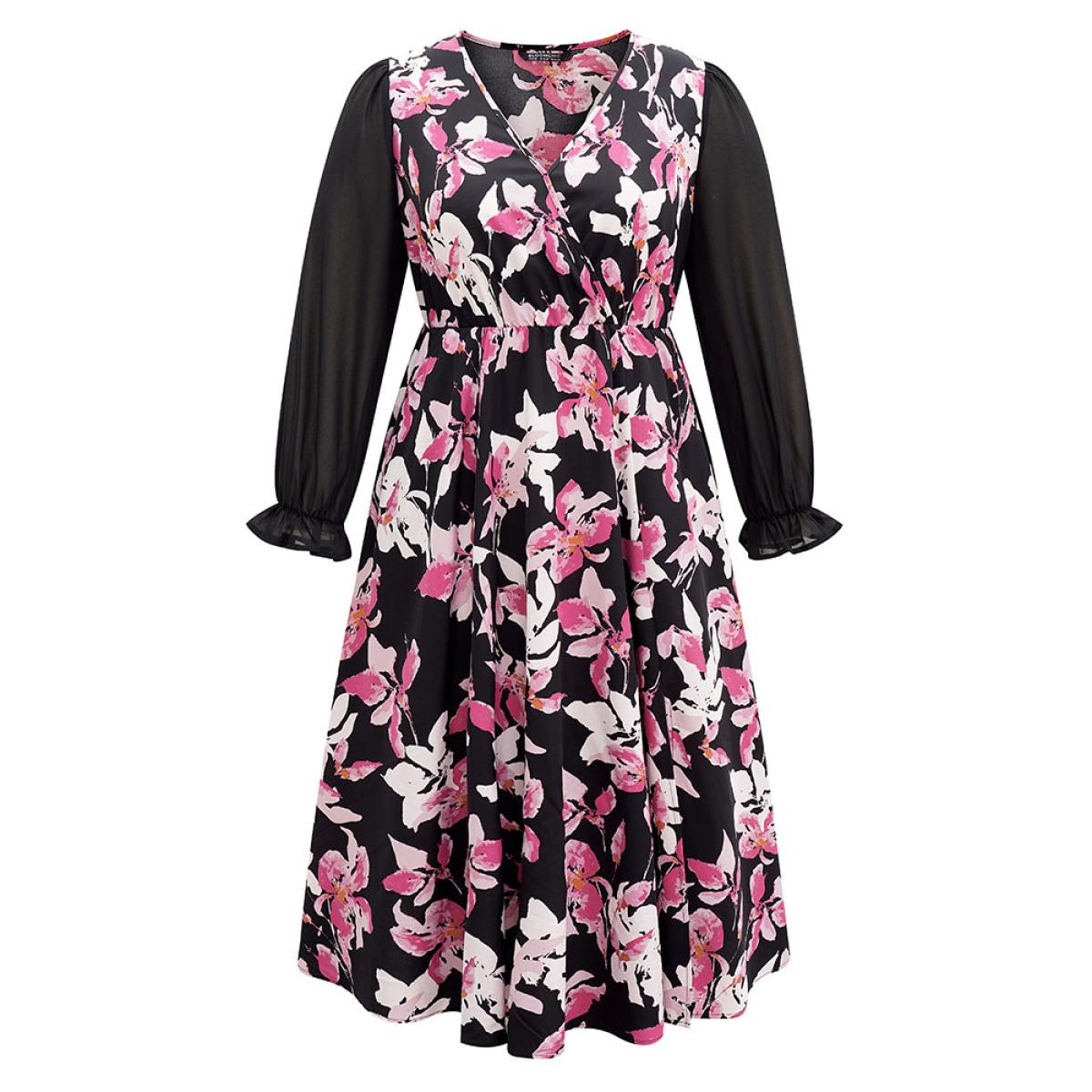 Plus Size Floral Contrast Wrap Chiffon Split Side Dress Black Women Office Wrap Overlap Collar Long Sleeve Curvy Midi Dress BloomChic 14-16/1X Product Image