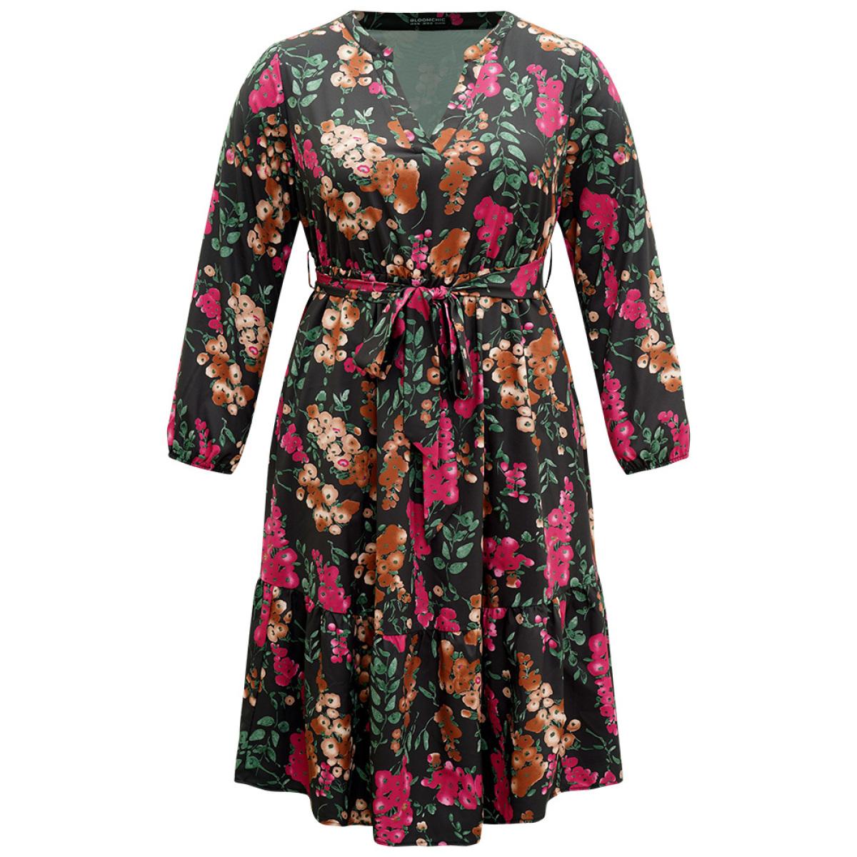 Plus Size Floral Print Belted Elastic Cuffs Dress Black Women Elegant Elastic cuffs Notched collar Long Sleeve Curvy Midi Dress BloomChic 12/L Product Image