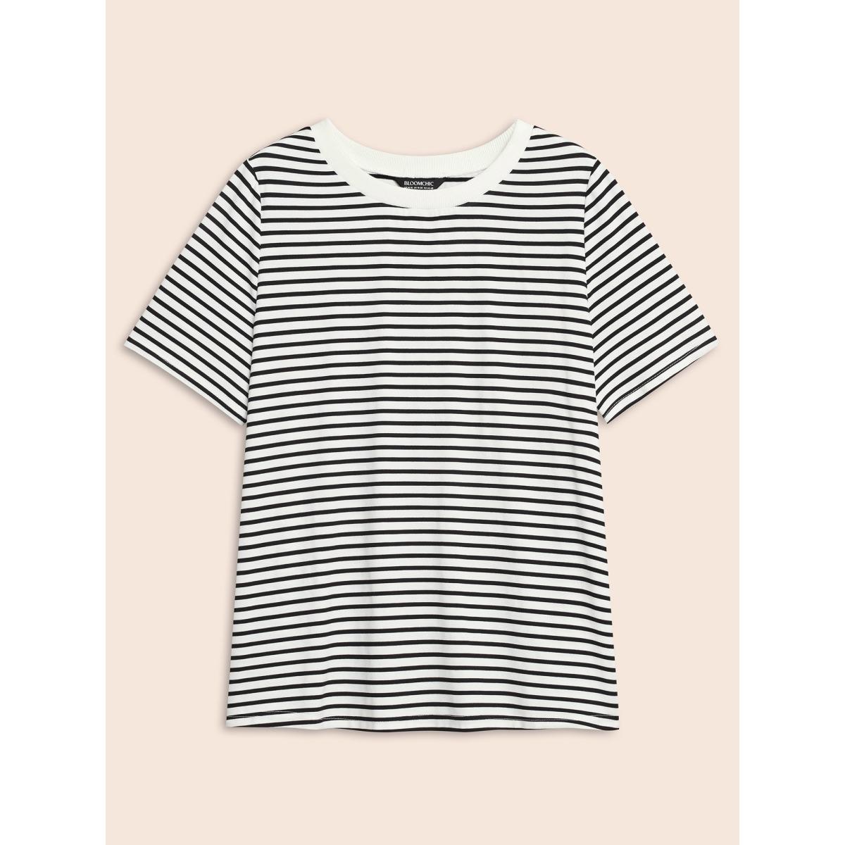 Plus Size Striped Crew Neck Rib Knit T-shirt Originalwhite Women Work From Home Contrast Round Neck Work T-shirts BloomChic 14-16/1X Product Image
