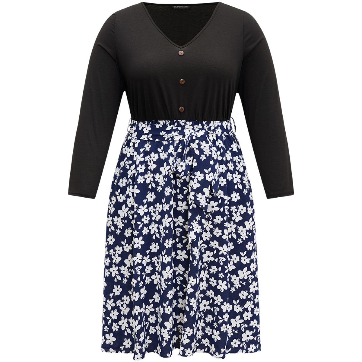 Plus Size Silhouette Floral Print Belted Button Detail Dress Navy Women Office Printed V-neck Long Sleeve Curvy Midi Dress BloomChic 10/M Product Image