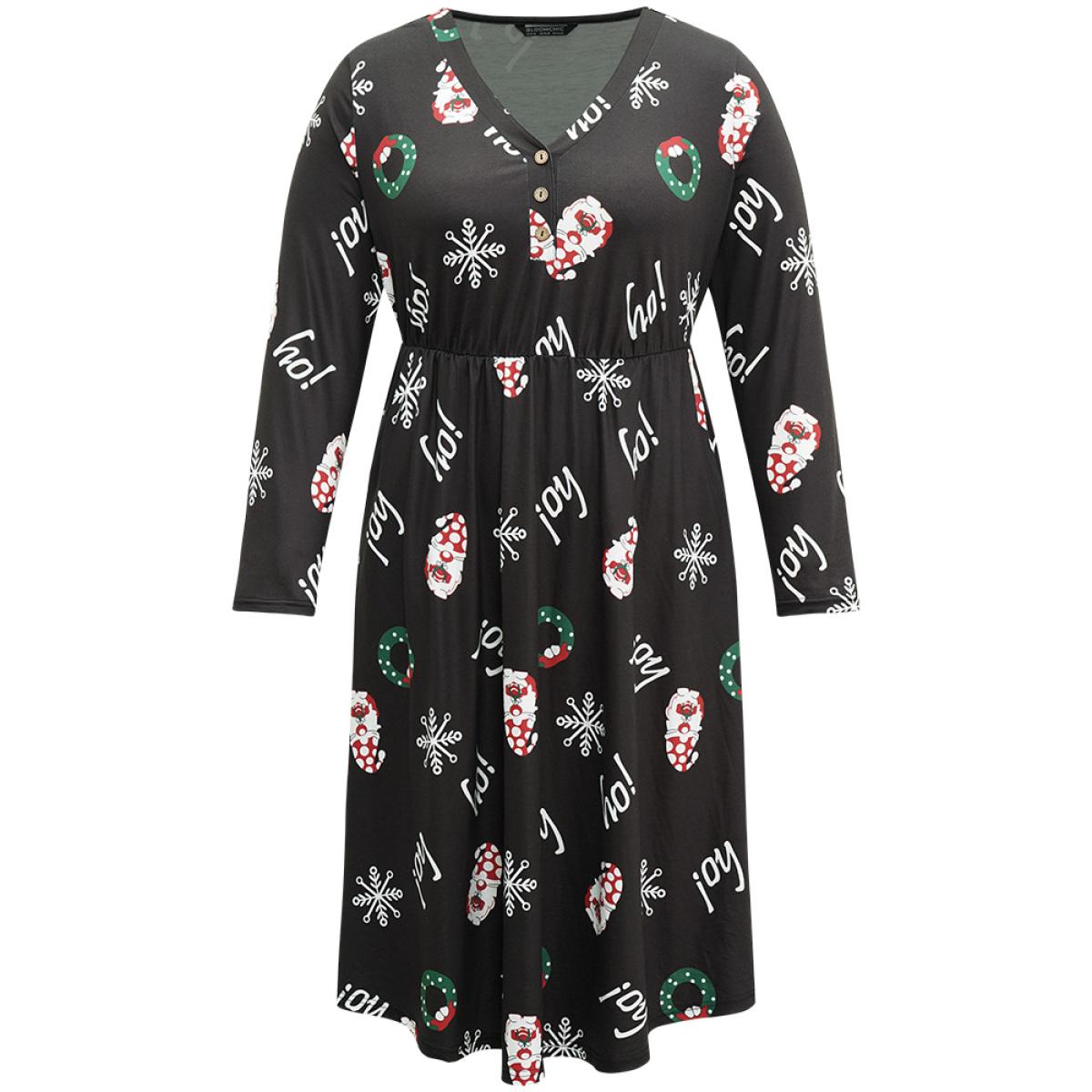 Plus Size Christmas Graphic Button Detail Dress Black Women Elegant Gathered V-neck Long Sleeve Curvy Midi Dress BloomChic 14-16/1X Product Image