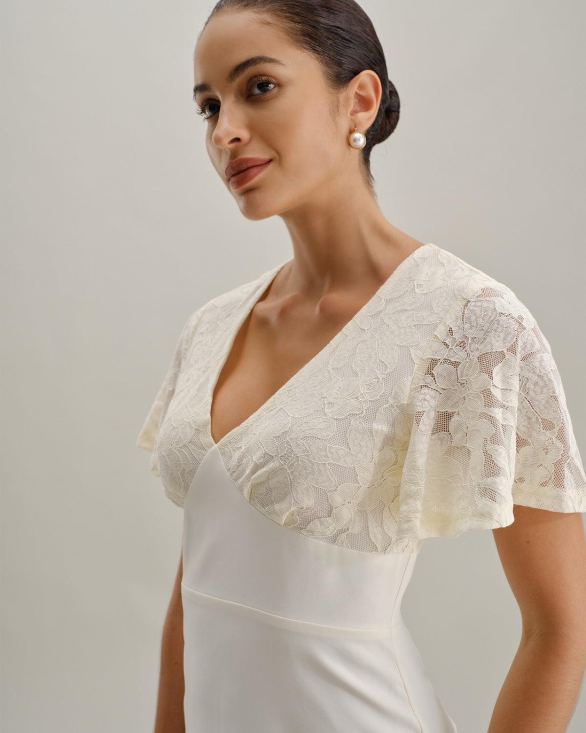 White Textured V-Neck Midi Dress Product Image