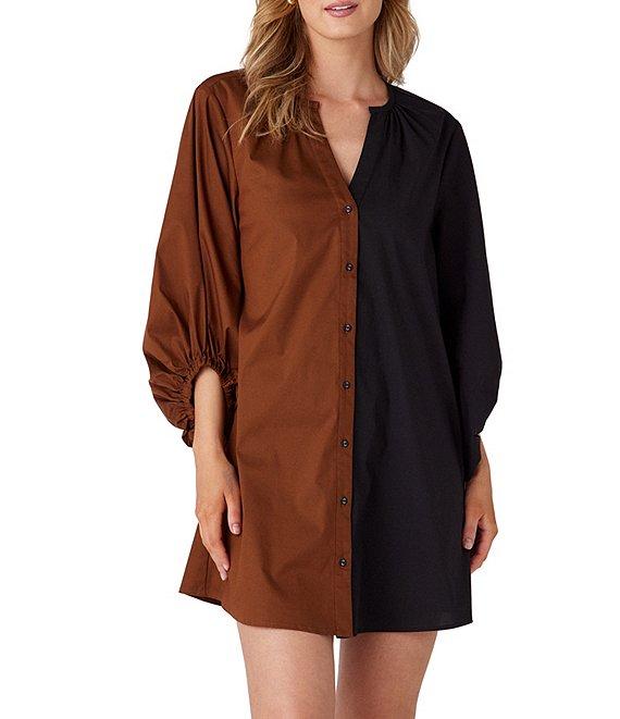 CROSBY by Mollie Burch Liv Color Block Split Round Neck 3/4 Sleeve Button Front Mini Shirt Dress Product Image