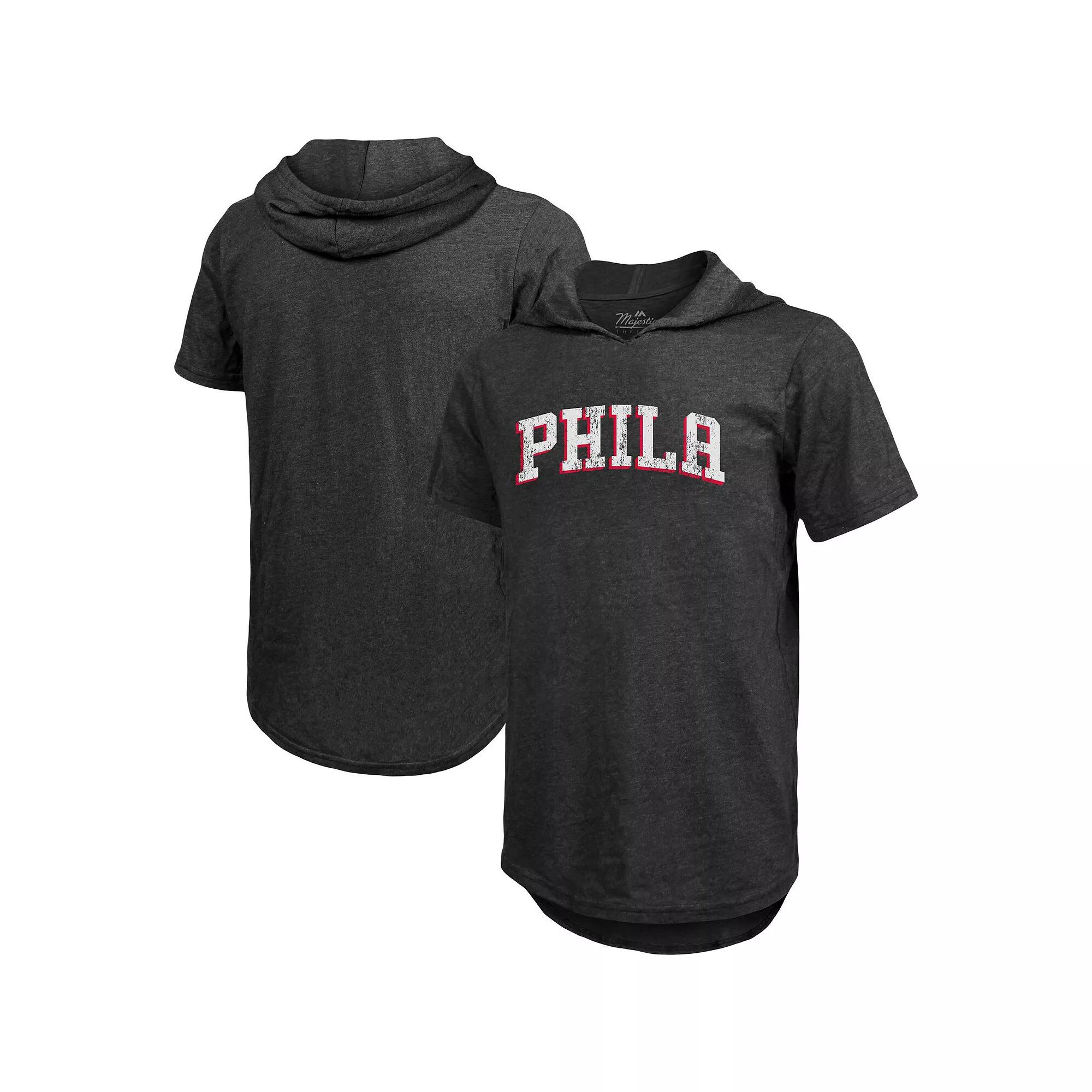 Men's Majestic Threads Heathered Black Philadelphia 76ers Wordmark Tri-Blend Hoodie T-Shirt, Size: Small, 76r Charco Product Image
