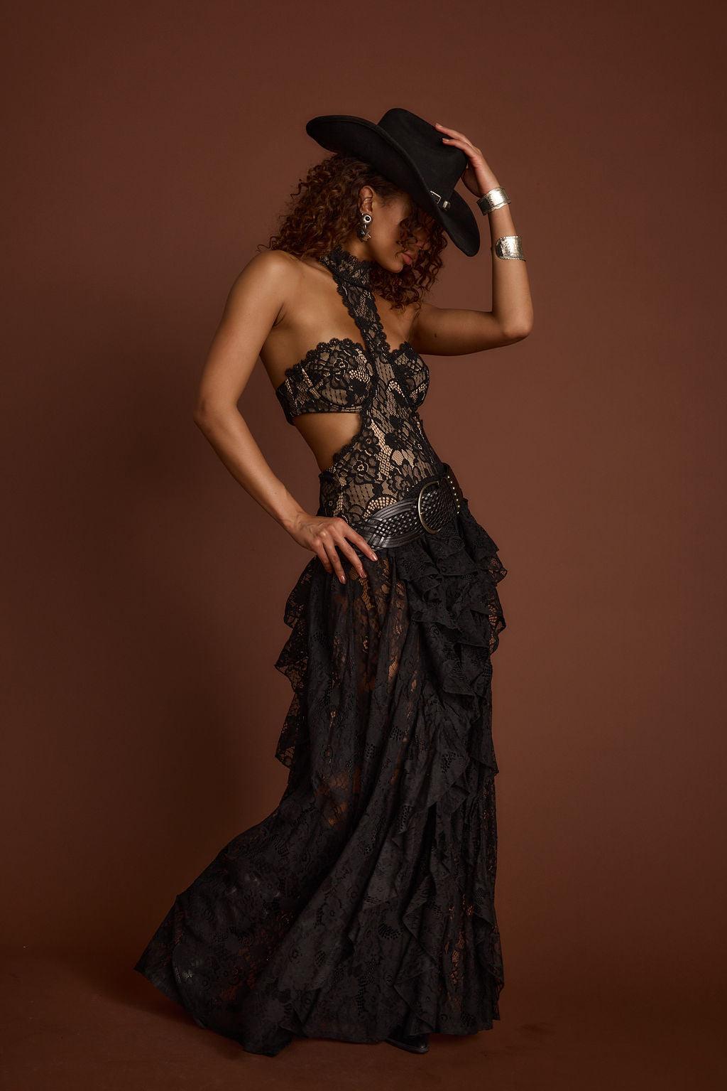 Princesa Black Lace Drop Waist Maxi Dress Product Image