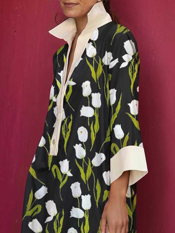 A-line Loose Buttoned Flower Print Stand Collar Mini Dresses Product Image