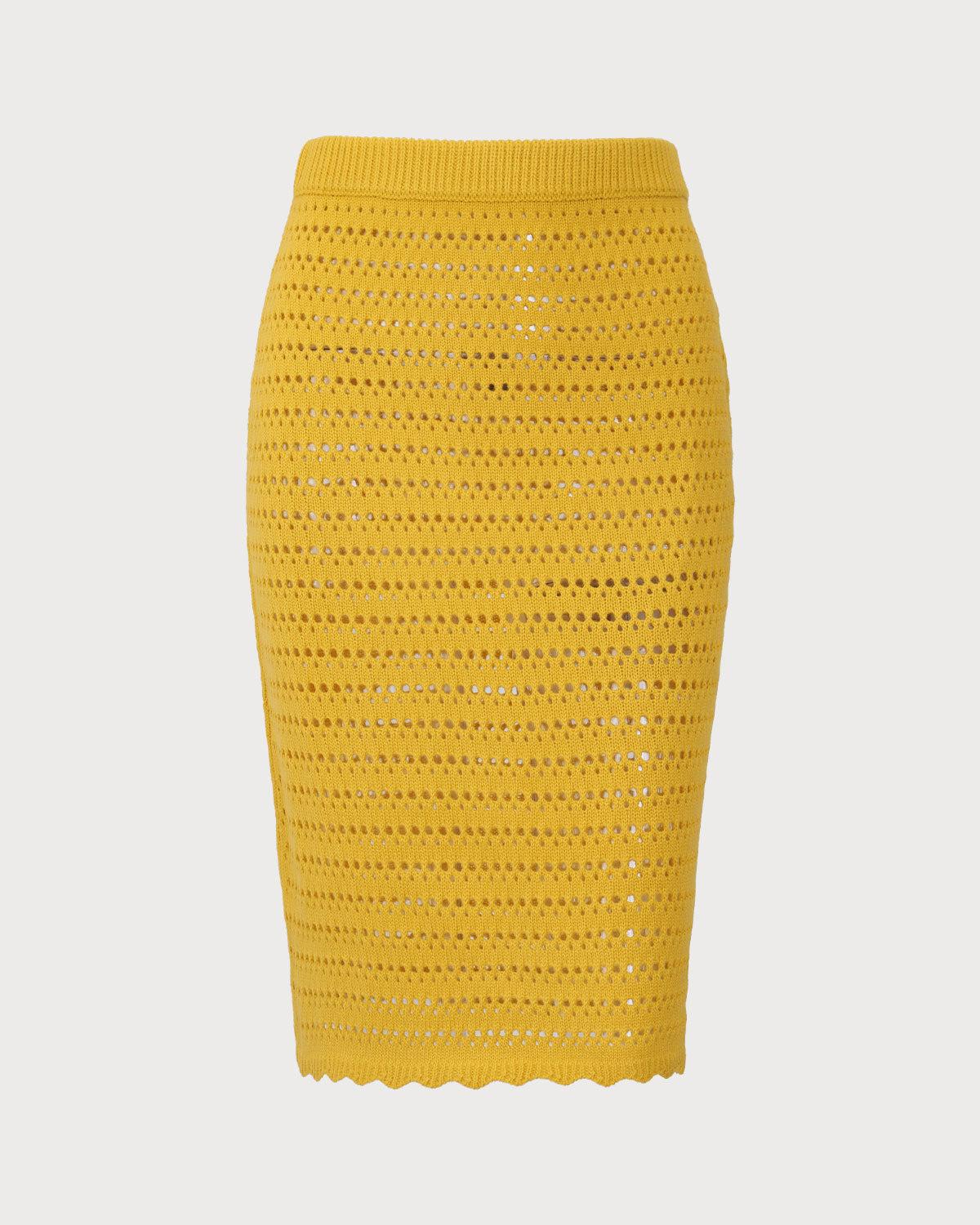 Yellow High-waisted Knee Length Knit Skirt Product Image