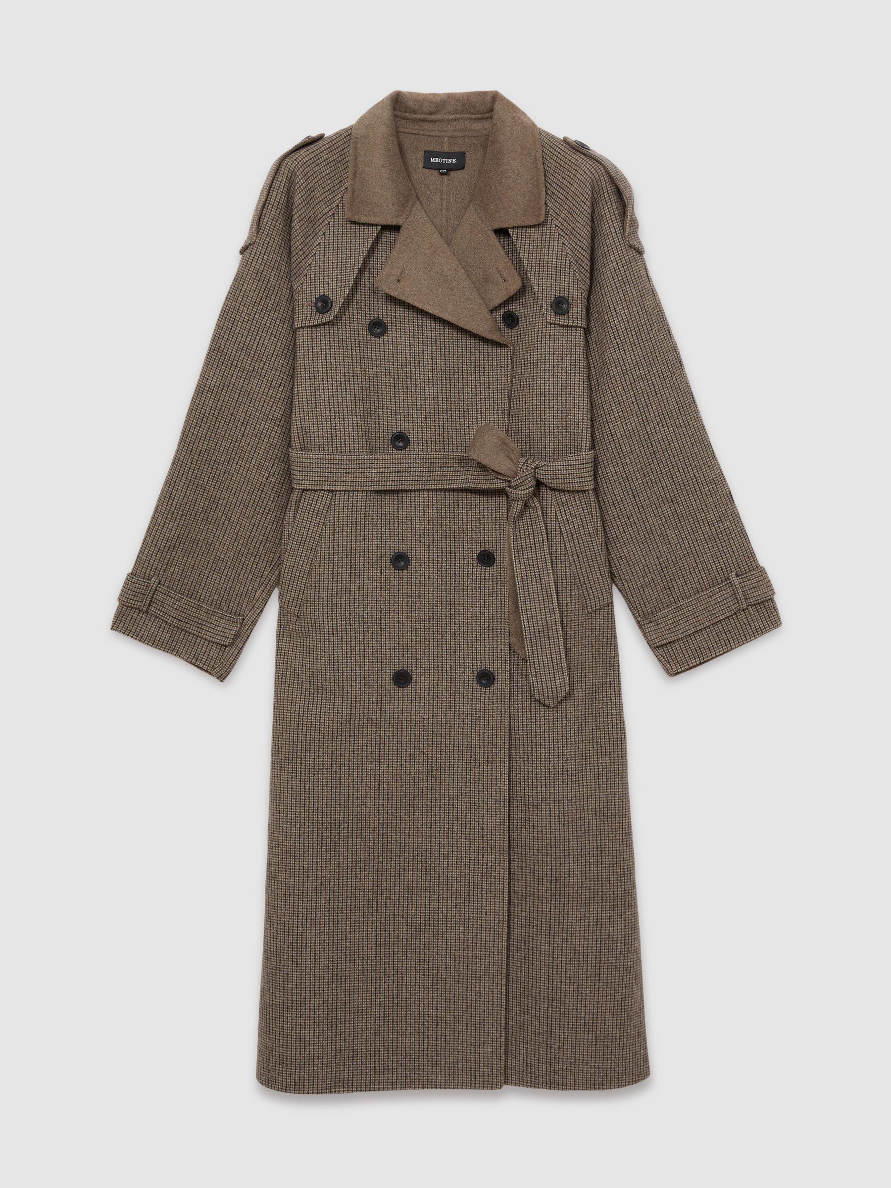 Meotine Beige Check Wool-Blend Houndstooth-Check Trench Coat in Beige Check Product Image