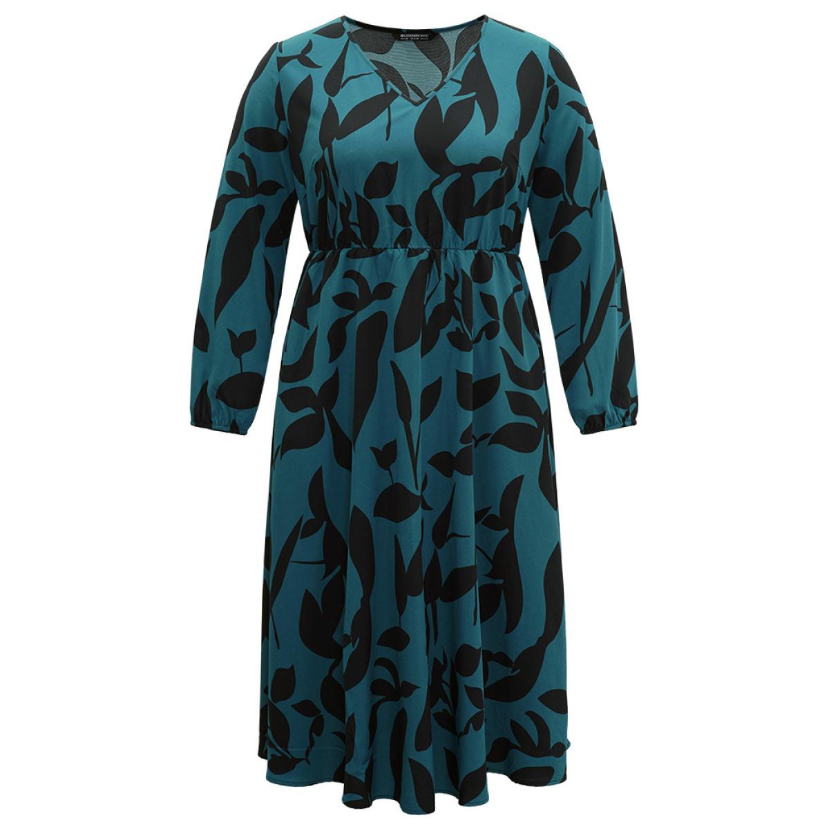 Plus Size Silhouette Floral Print Elastic Waist Lantern Sleeve Dress Aegean Women Elegant Elastic cuffs V-neck Long Sleeve Curvy Midi Dress BloomChic 22-24/3X Product Image