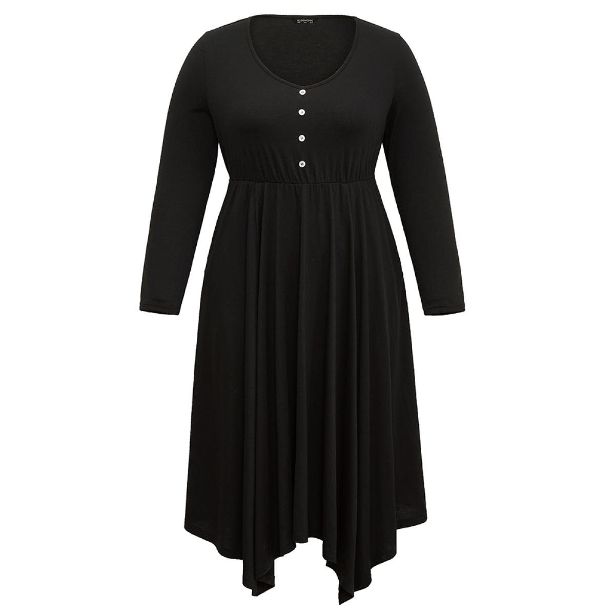 Plus Size Supersoft Essentials Button Detail Hanky Hem Scoop Neck Dress Black Women Office Gathered Scoop Neck Long Sleeve Curvy Midi Dress BloomChic 12/L Product Image